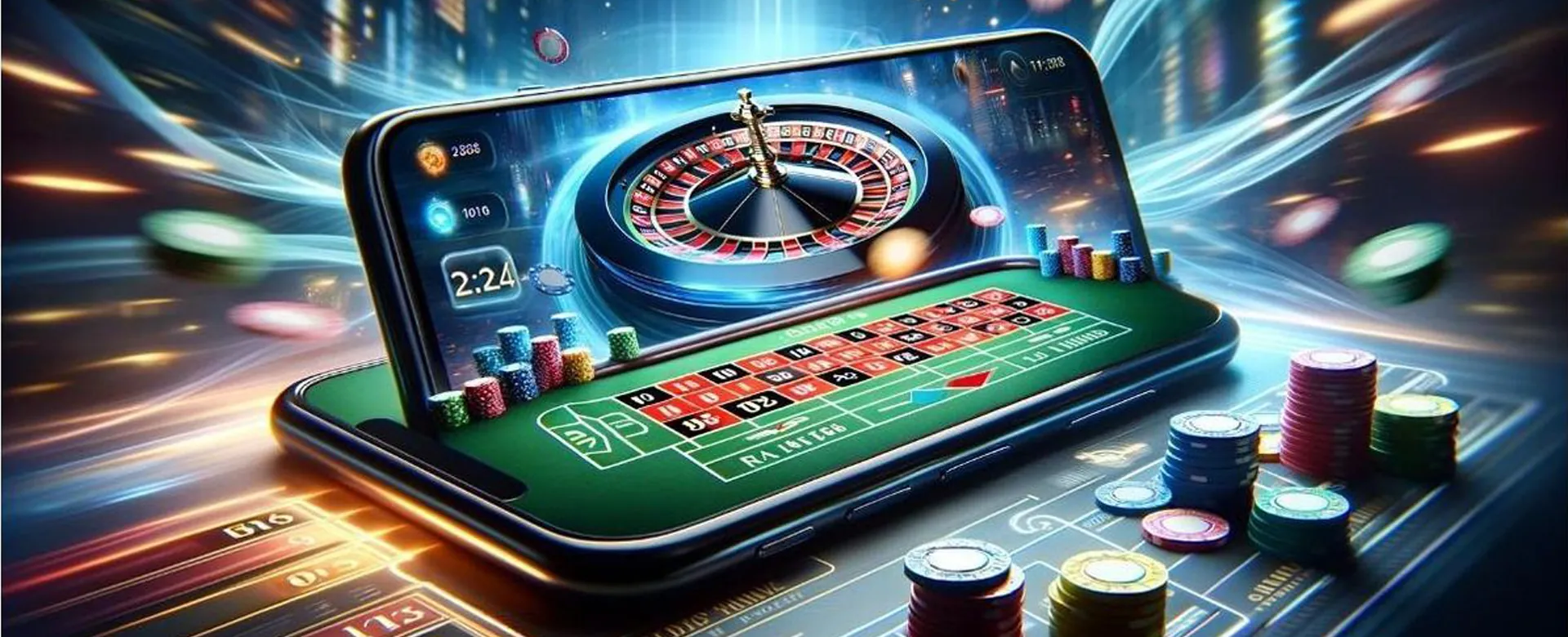 Background of a vibrant 8k8 online casino gaming table with chips and cards